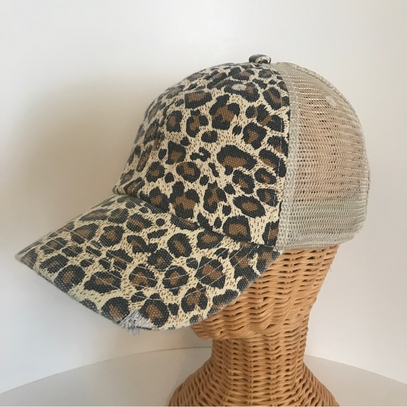Distressed Canvas, Mesh Back Ponytail Hat Adjustable. Leopard Print New! - Picture 6 of 12